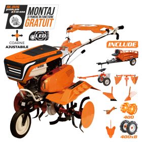 Motosapa RURIS 7500 ACC6 + roti cauciuc 4.00-8+rarita ajustabila+plug+adaptor+dispozitiv cartofi+cultivator multifunctional+accesoriu tractat+roti metalice 400 fara manicot+remorca RURIS 550S  7CP
