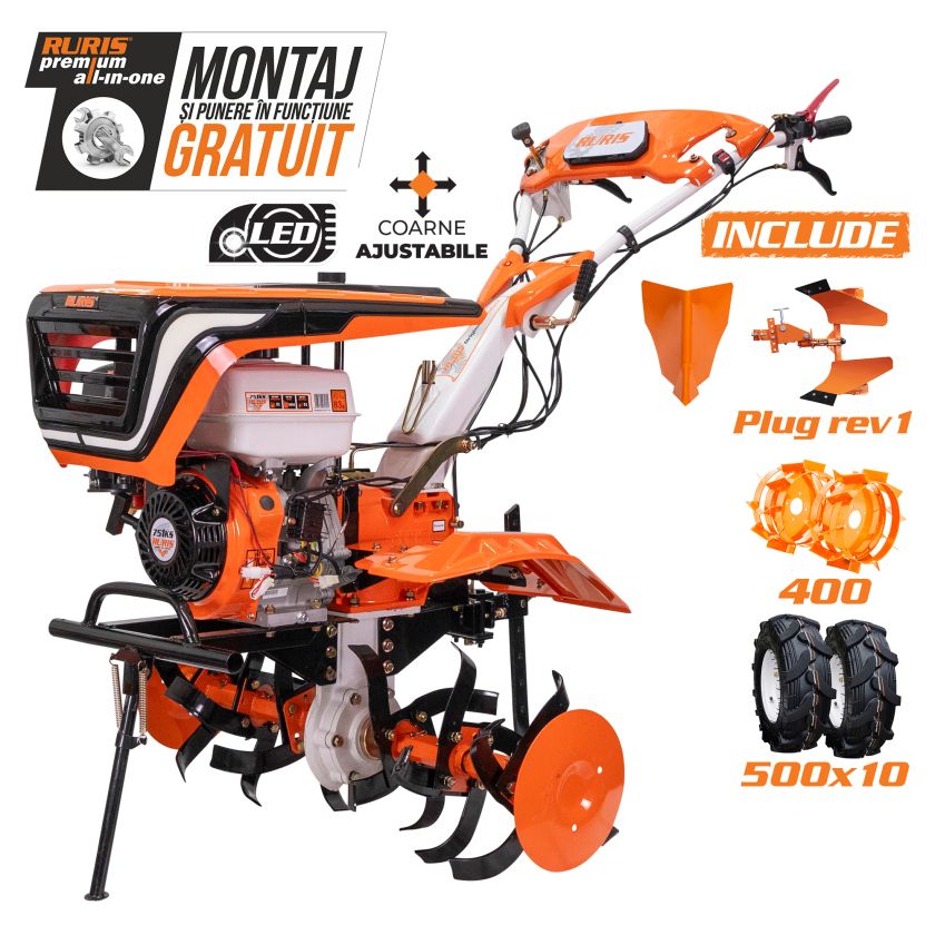 Motosapatoare RURIS 751KS+ roti cauciuc 5.00-10+rarita+plug reversibil rev1+roti metalice 400 fara manicot 9.5 CP
