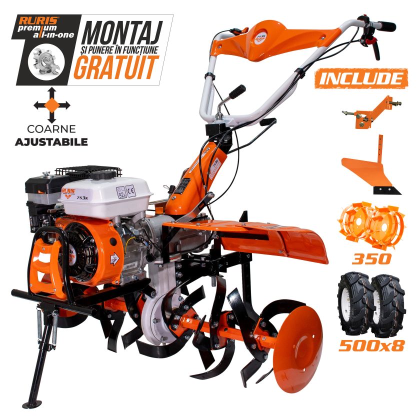 Motosapatoare RURIS 753K + roti cauciuc 5.00-8+plug+adaptor+roti metalice 350 fara manicot 7.5 CP