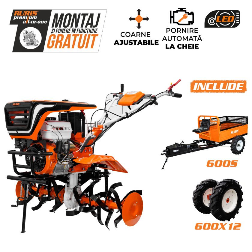 Motosapatoare RURIS 918 K PILOT + roti cauciuc 6.00-12 +Remorca RURIS 4 x 4 600 S 18 CP